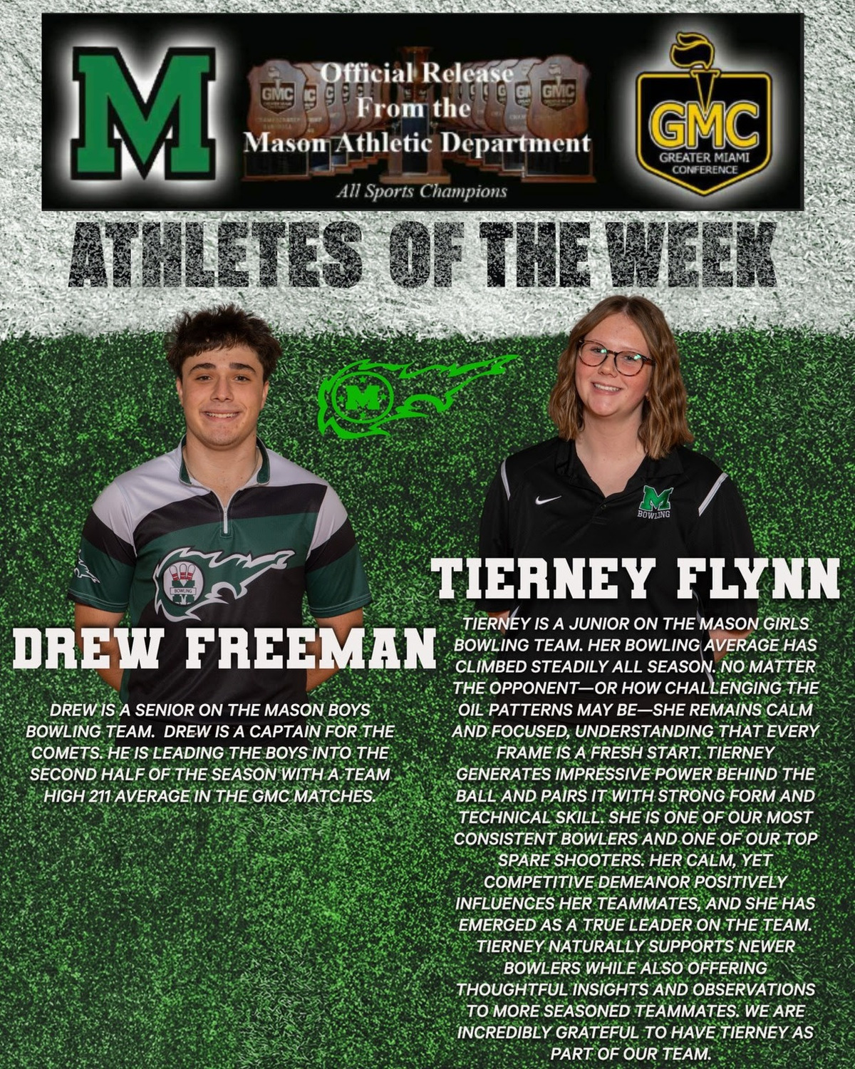 Mason High School senior Drew Freeman and junior Tierney Flynn have been recognized as this week’s Athletes of the Week!